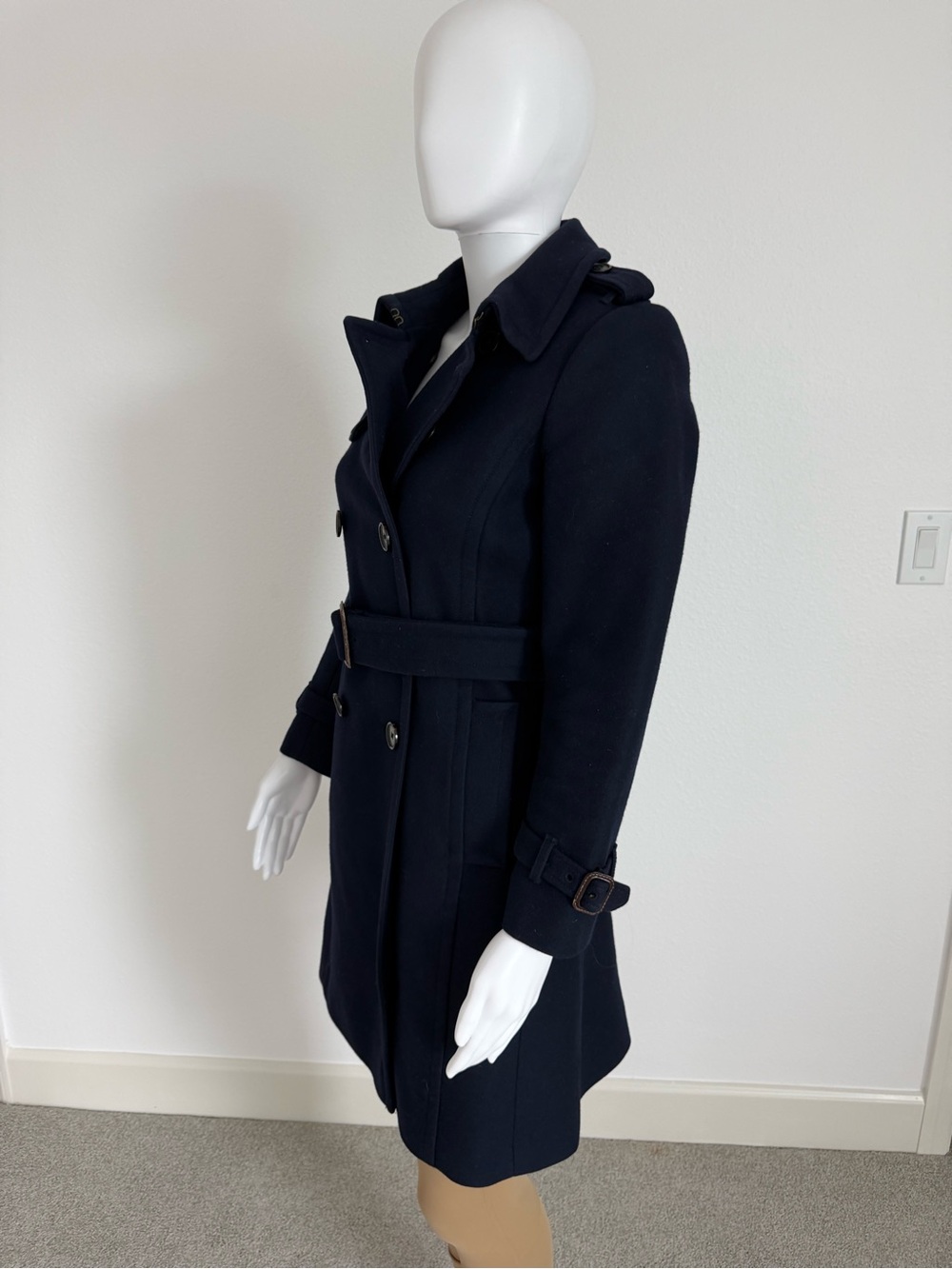 Classic Navy Double-Breasted Wool Cashmere Blend Icon Trench Coat with Belt - Picture 2 of 9